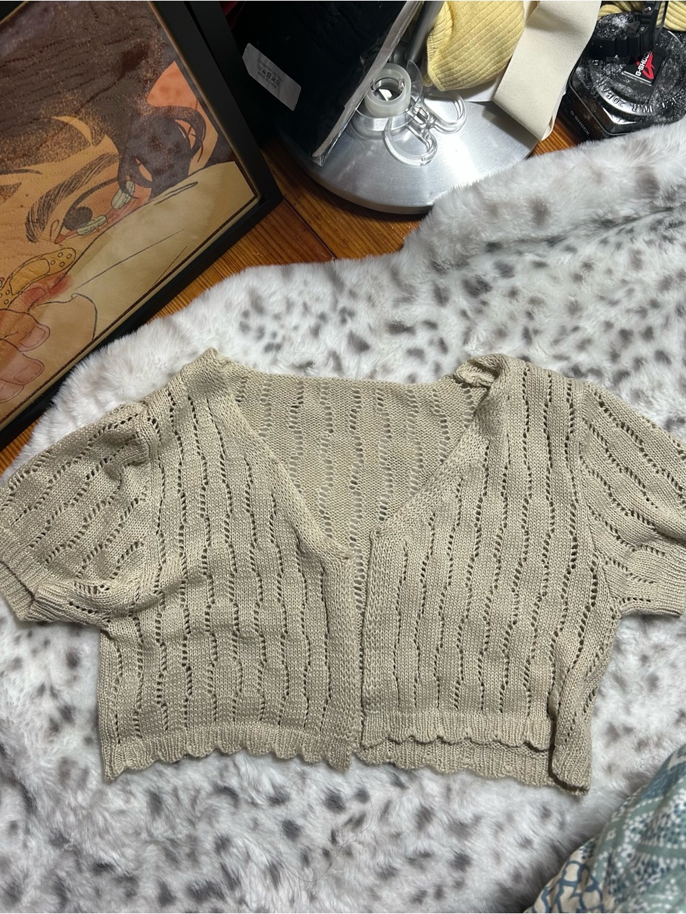 Beige Openwork Knit Cropped Cardigan